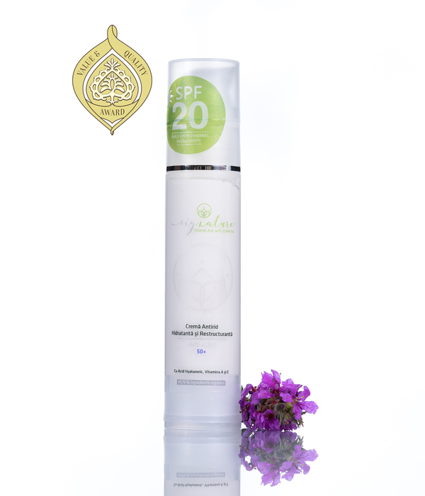 Cremă Antirid Hidratantă și Restructurantă 50+  Cu Acid Hialuronic, Vitamina A și E - 50 ml